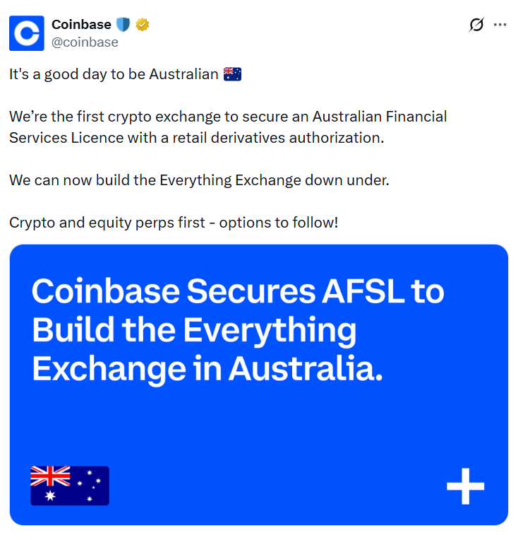 Coinbase获澳大利亚牌照后计划拓展股票交易业务
