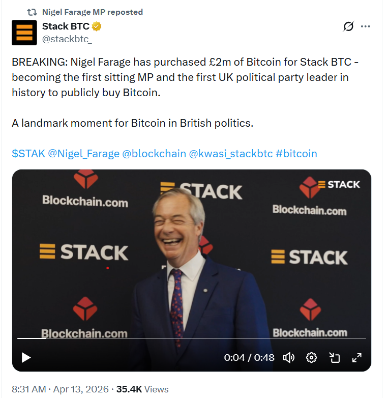奈杰尔·法拉奇力挺Stack BTC为储备金增持270万美元比特币