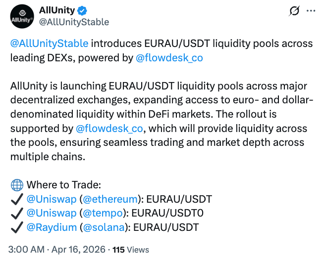 AllUnity将MiCA监管的欧元稳定币EURAU进一步引入DeFi领域