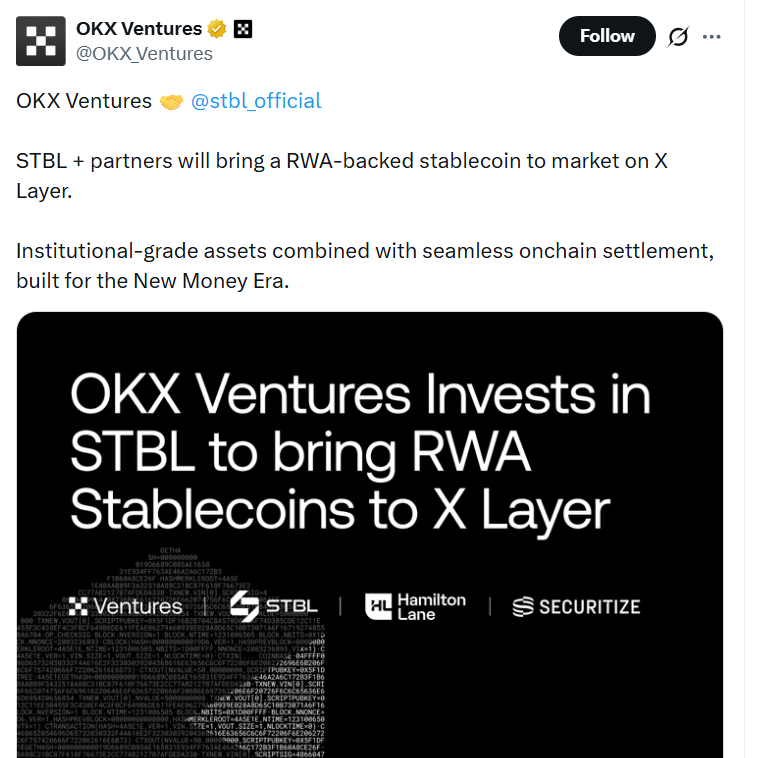 OKX风投注资STBL，携手汉密尔顿与证券化平台共推实物资产稳定币